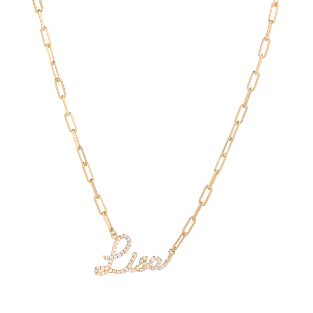 Pavé Name Necklace in 14K Solid Gold Paperclip Chain