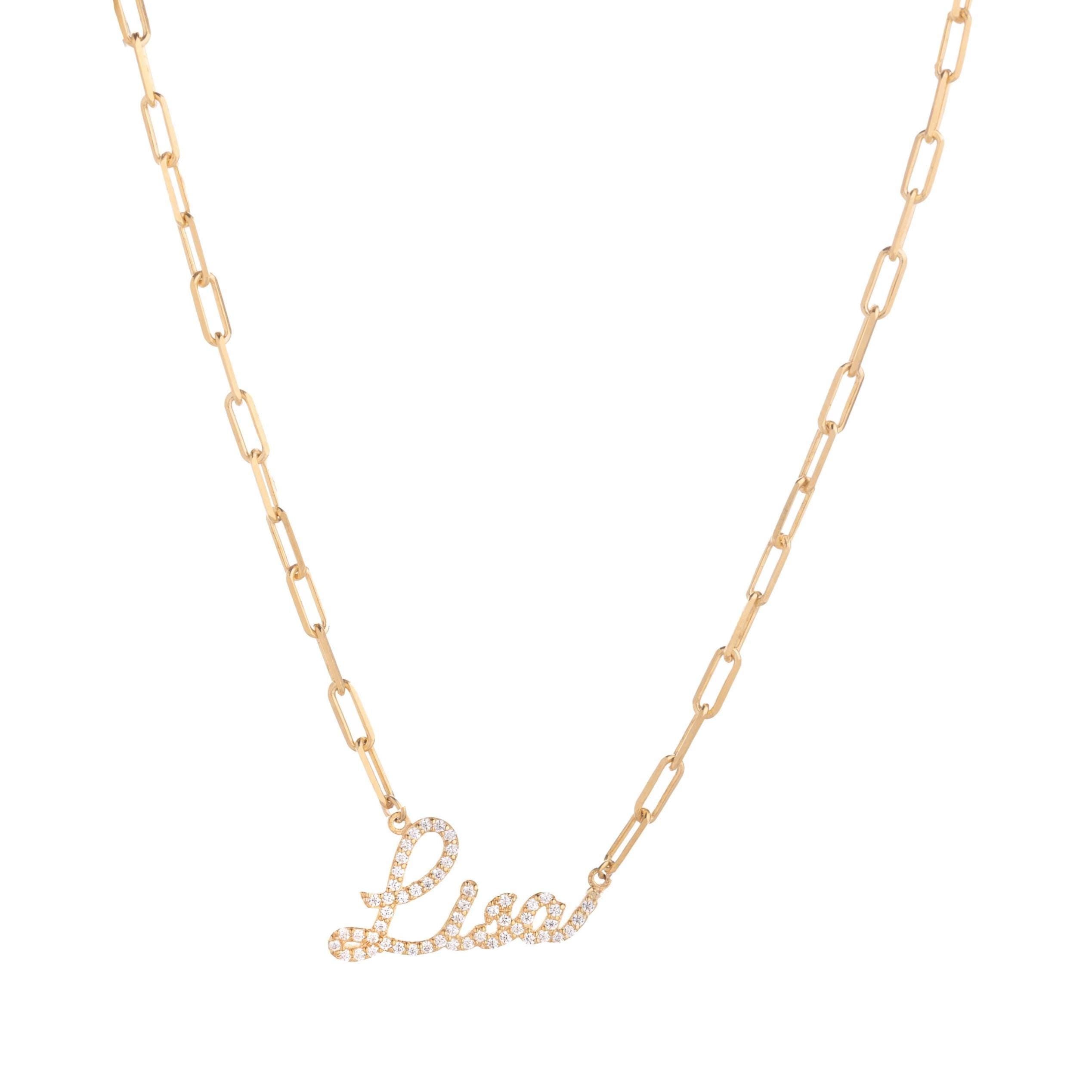 Pavé Name Necklace in 14K Solid Gold Paperclip Chain