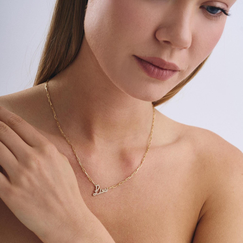 Pavé Name Necklace in 14K Solid Gold Paperclip Chain